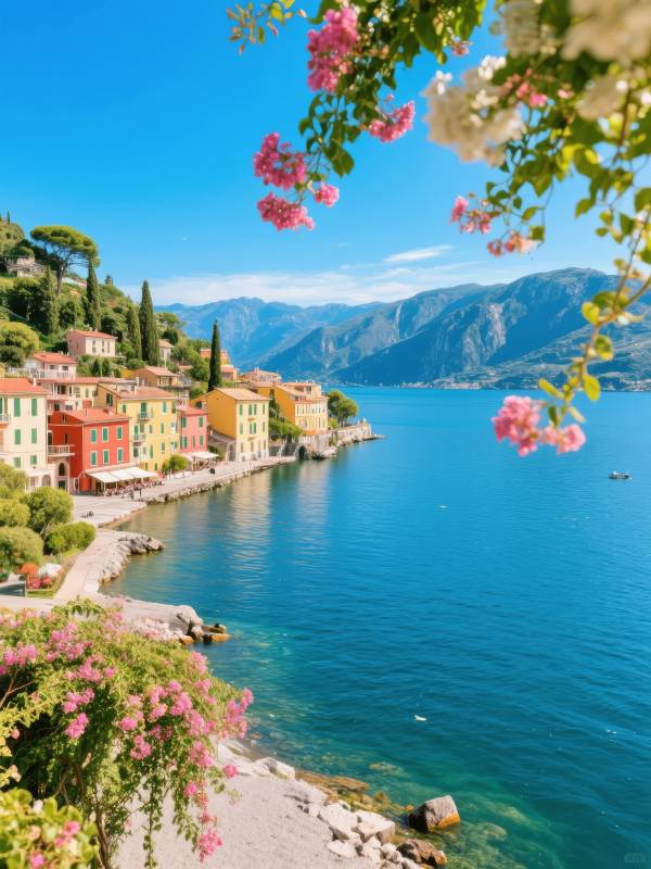 湖畔花影 山色如画图片