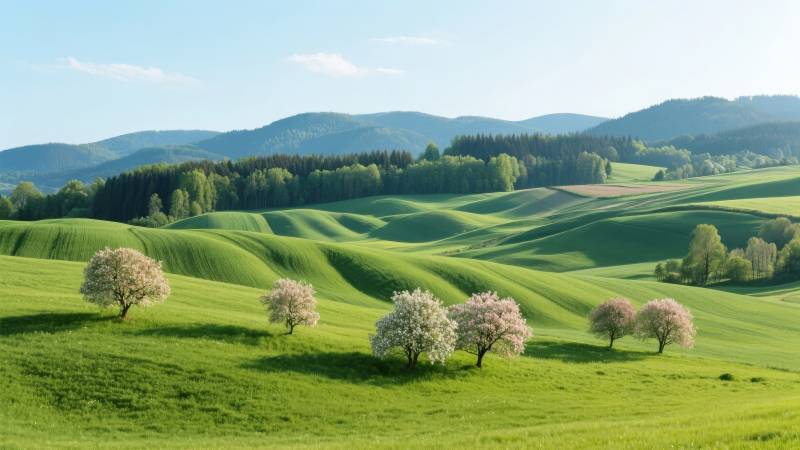 春日绿野花树图片
