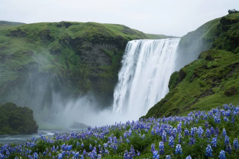瀑布与蓝花图片