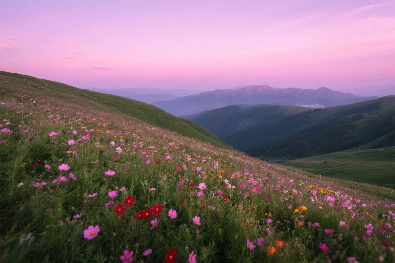 花海暮色山峦图片