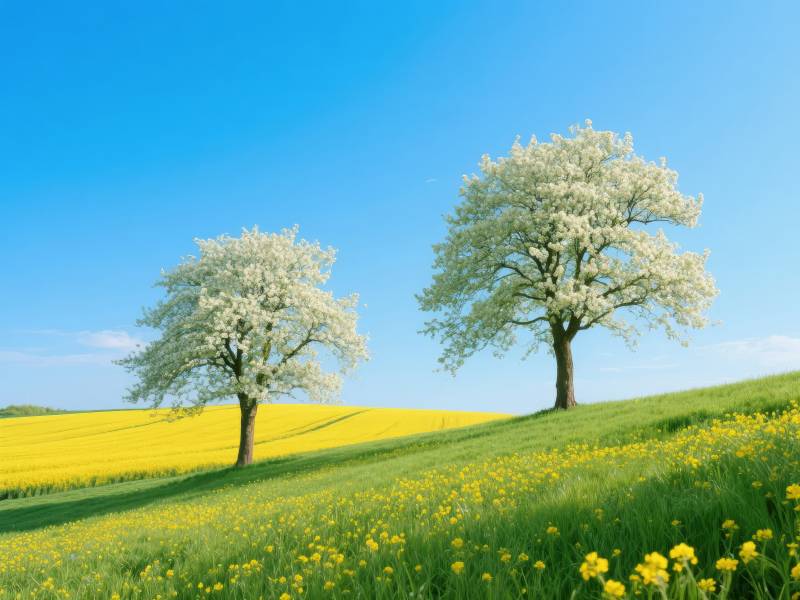 春日花树田野图片