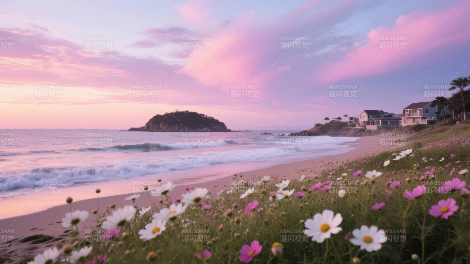 花海沙滩日落美景图片