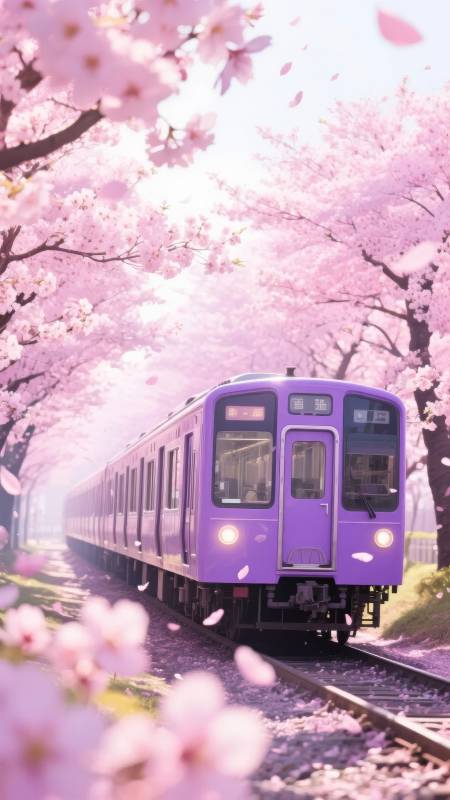 樱花列车驶过春天图片
