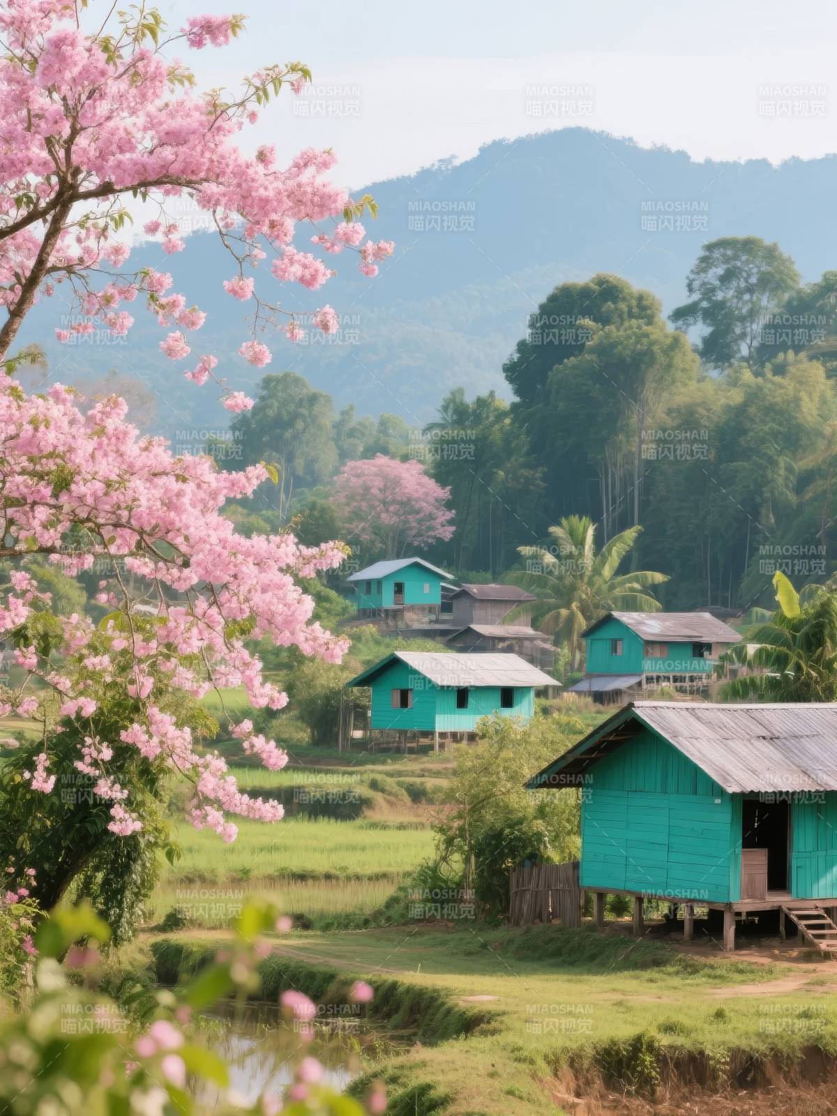 樱花村舍山景图片
