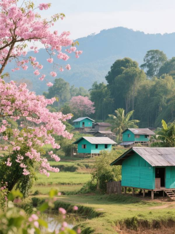樱花村舍山景图片