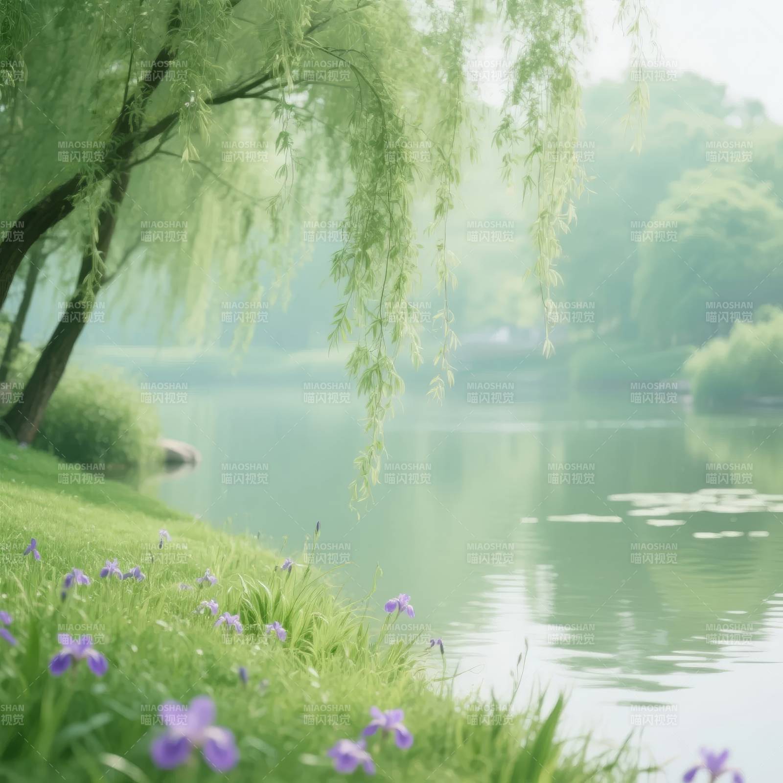 湖畔春景 柳绿花香图片