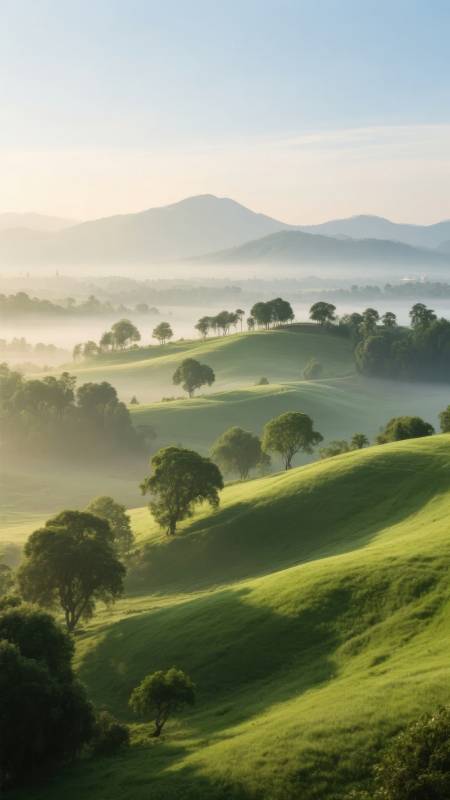 晨雾绿野山影图片