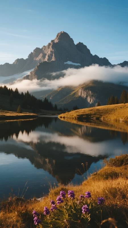 山湖映照 花影如画图片