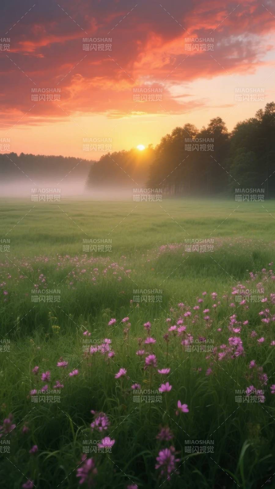 晨雾花海日出图片
