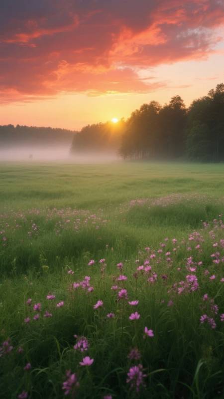 晨雾花海日出图片