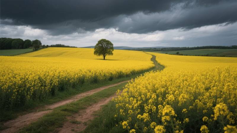 油菜花田孤树行图片