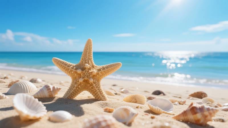 沙滩上的海星与贝壳图片