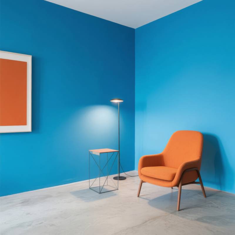 蓝墙橙椅静谧角落图片