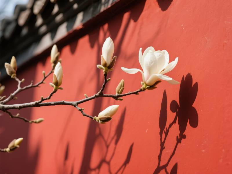 玉兰映红墙图片