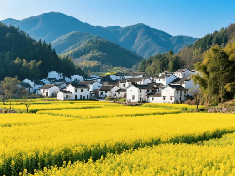 油菜花田与白墙黛瓦图片