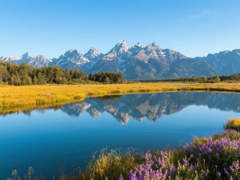 雪山倒影湖畔花图片