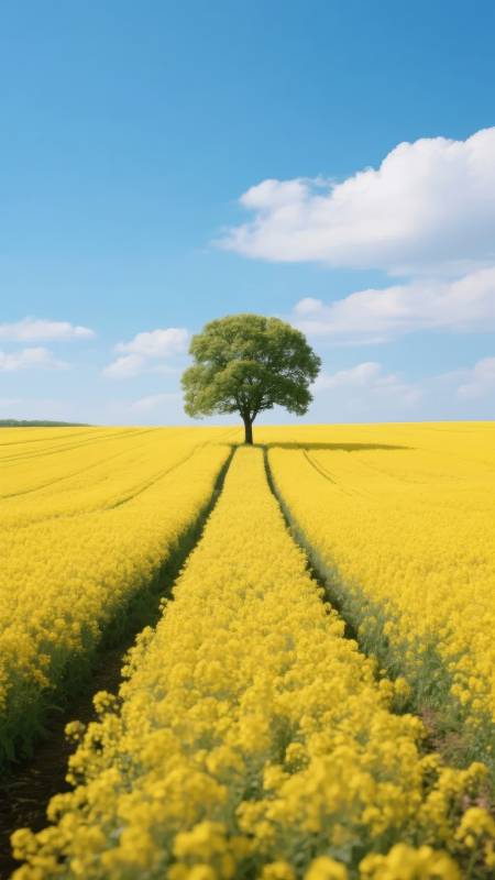 孤树黄花映蓝天图片