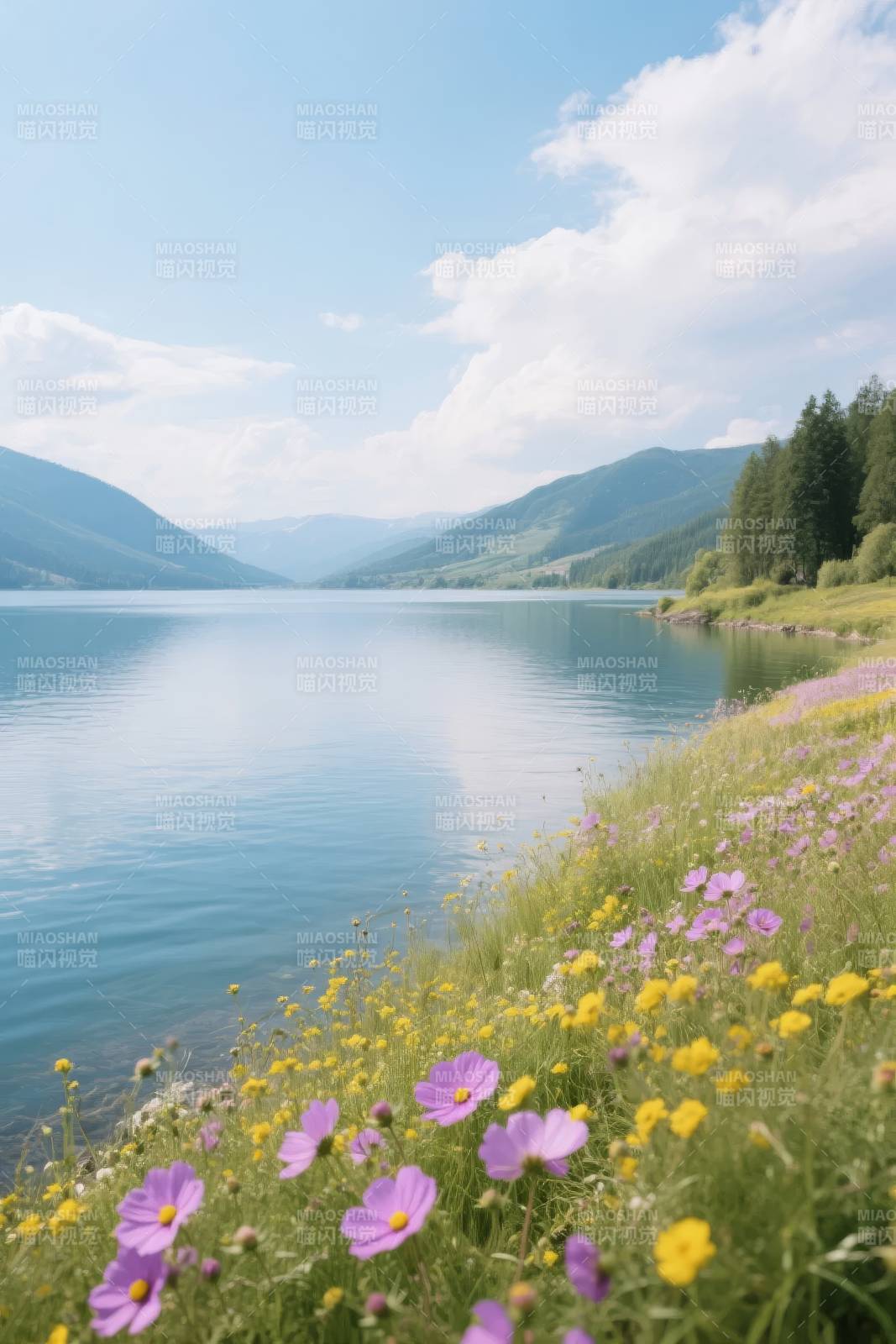 湖畔花海春景图片