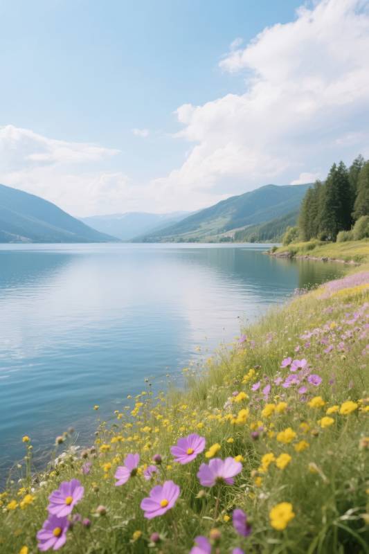 湖畔花海春景图片