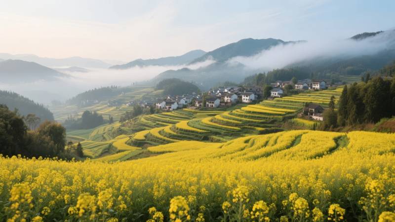 油菜花海山间村图片