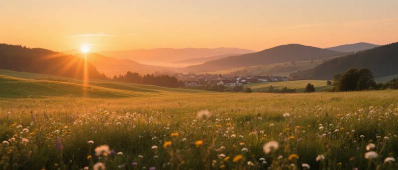 夕阳下的花海图片