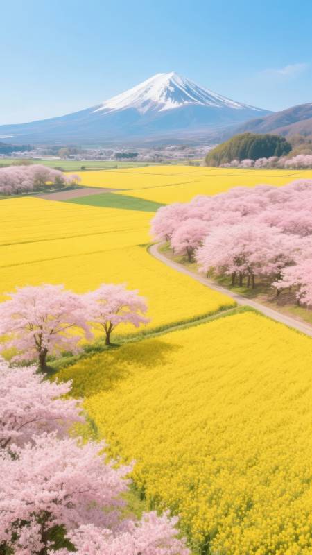富士山下樱花与油菜花图片