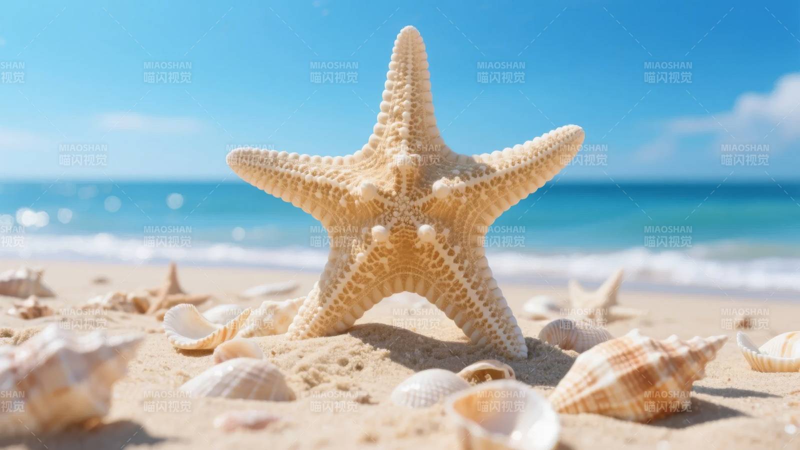 海滩上的海星与贝壳图片