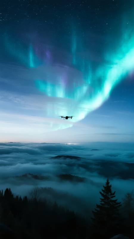 极光下的飞行图片