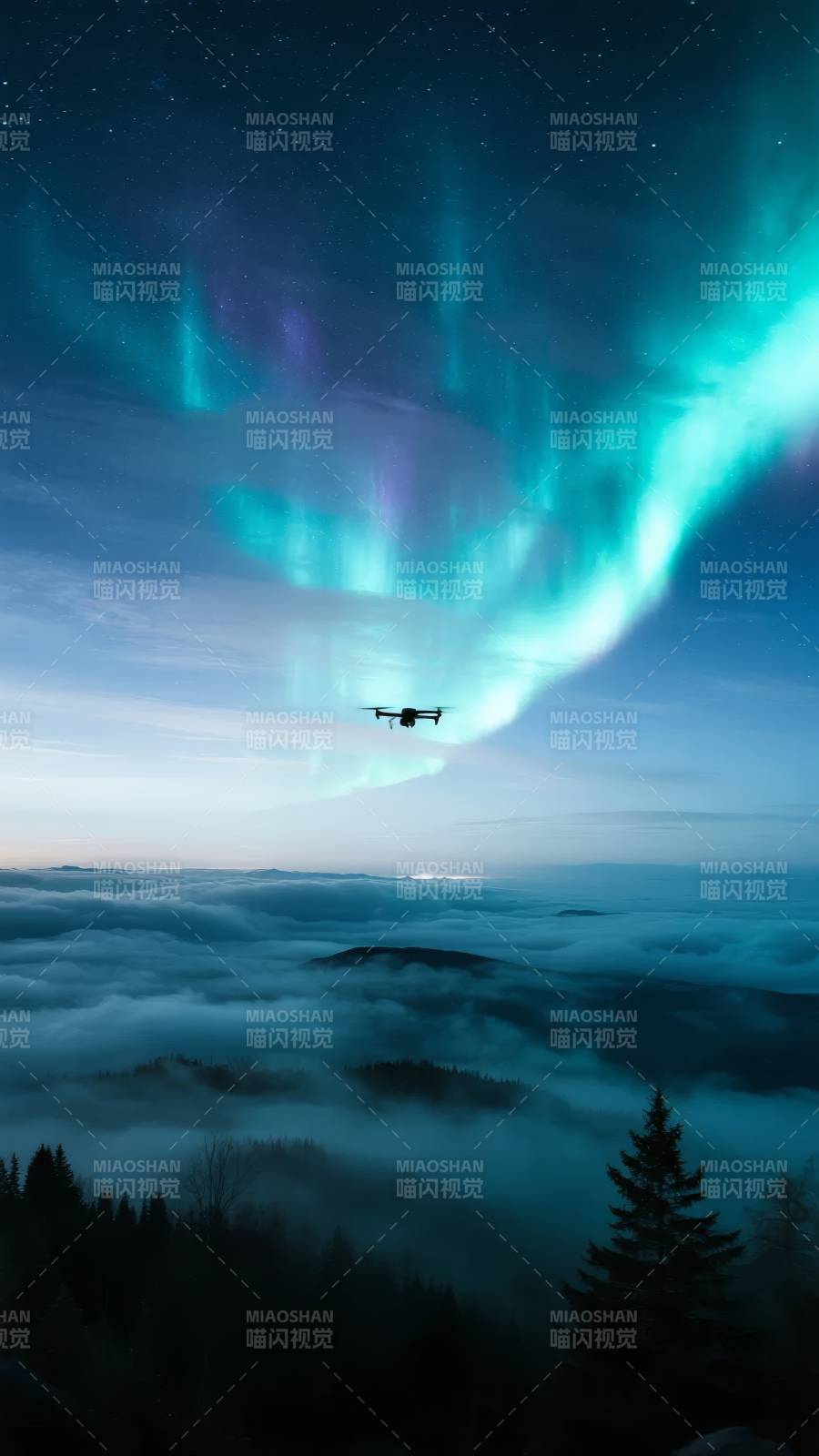 极光下的飞行图片