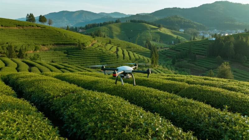 无人机飞越茶园图片