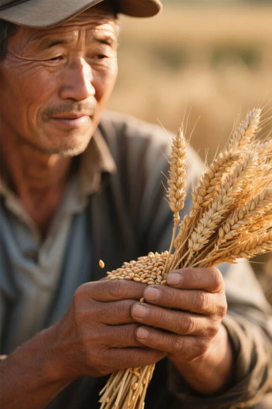 农人手捧金麦穗图片