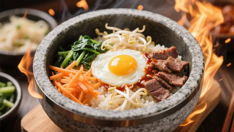 石锅拌饭火焰中图片