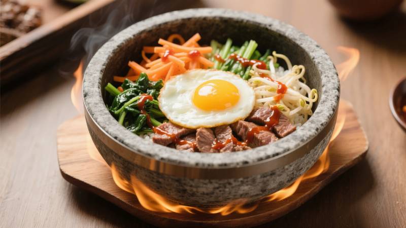 石锅拌饭热气腾腾图片