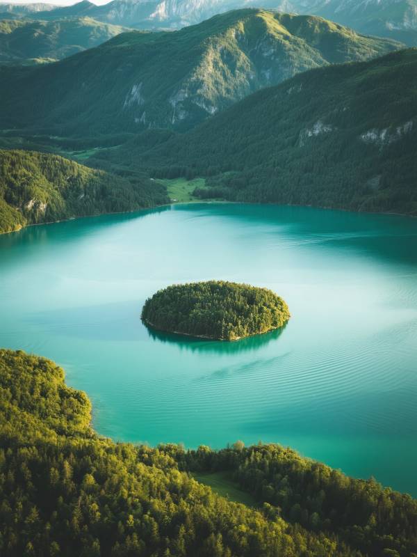 碧湖翠岛山环绕图片