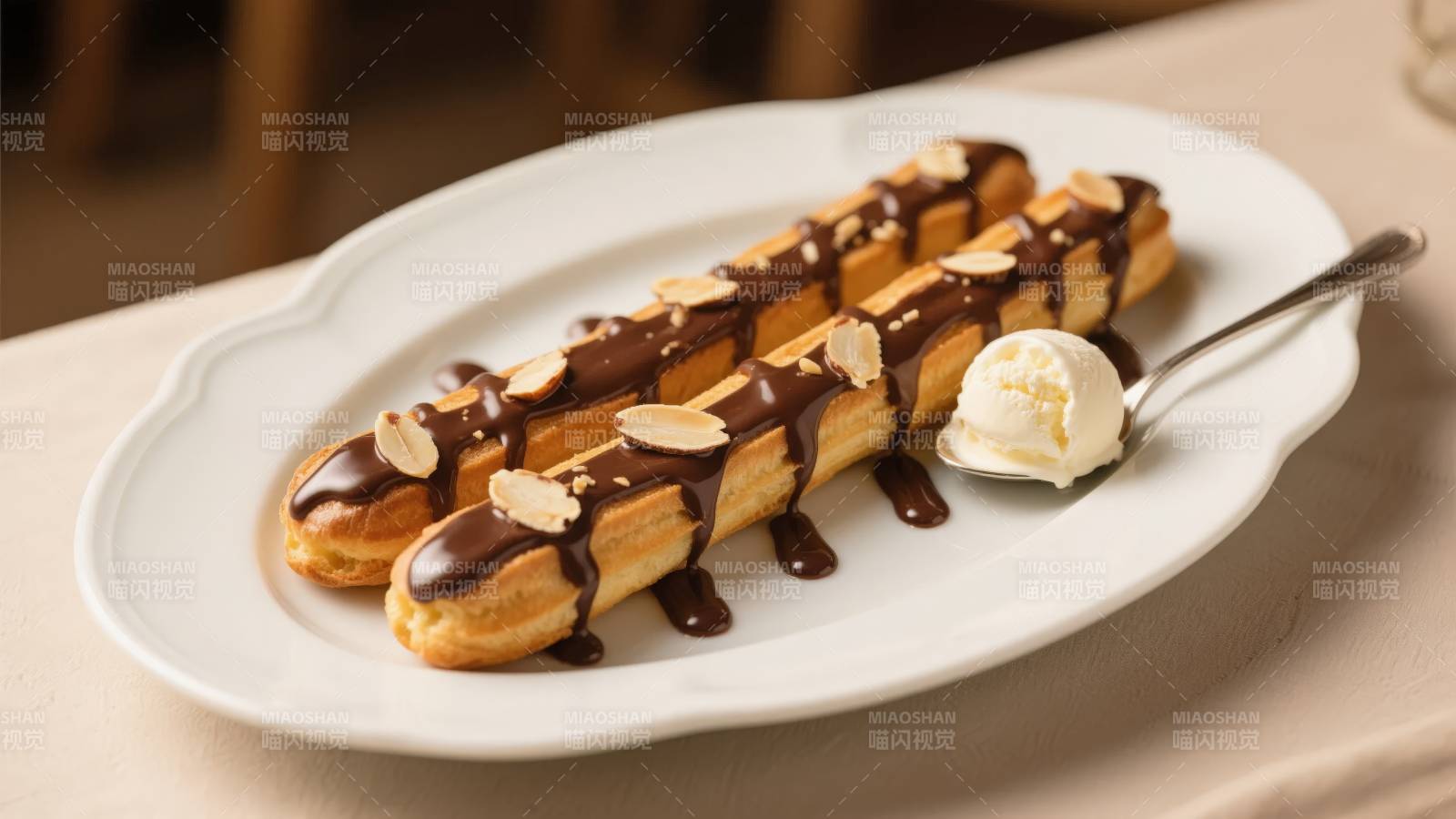 巧克力泡芙配冰淇淋图片