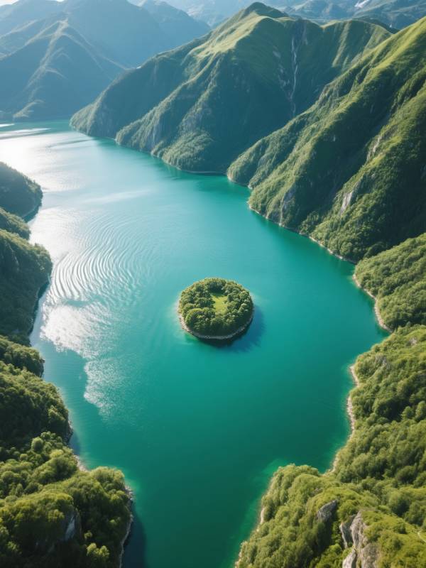 碧湖绿岛山环绕图片