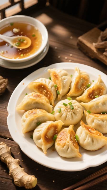金黄煎饺配蘸酱图片