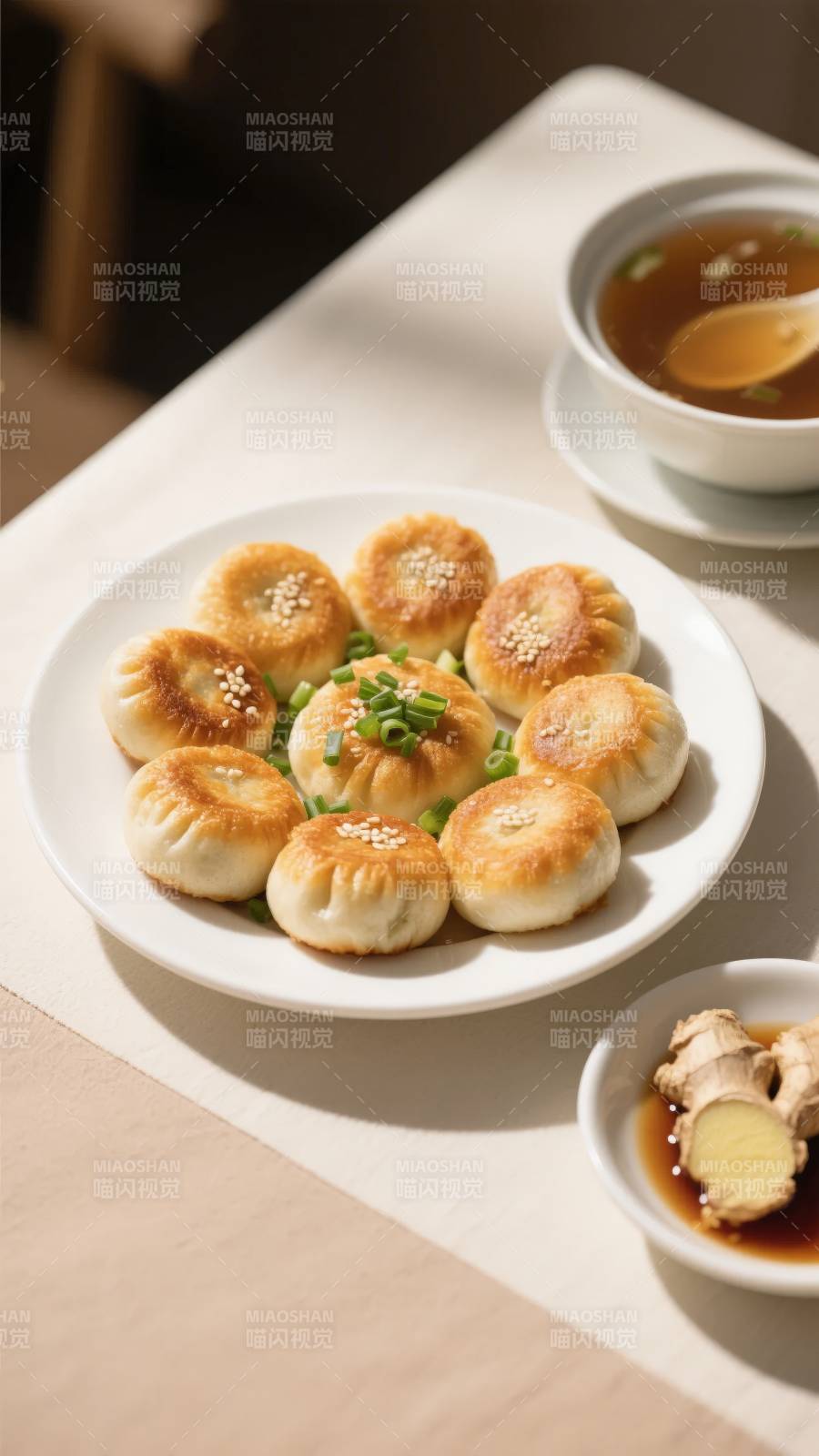 煎包配汤与姜醋图片