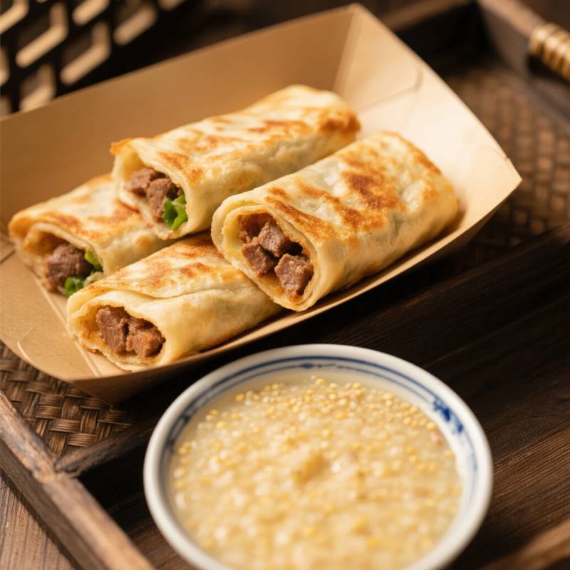 煎饼卷肉配粥图片