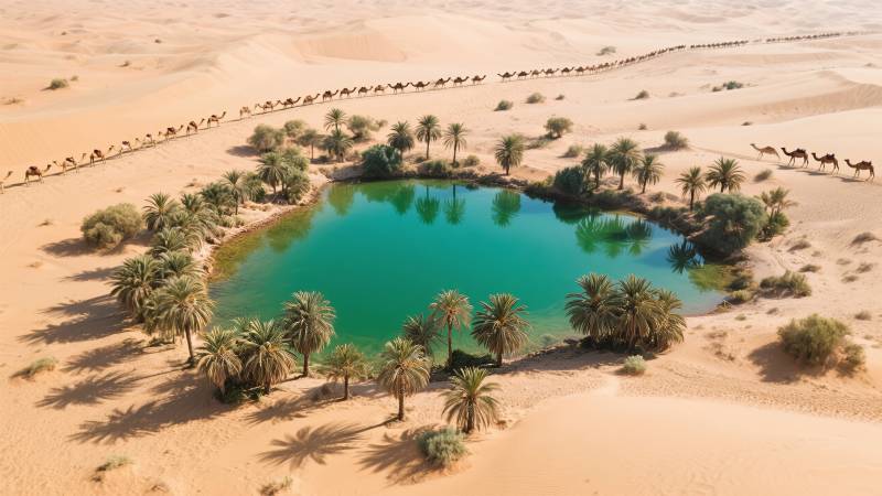 沙漠绿洲驼队行图片