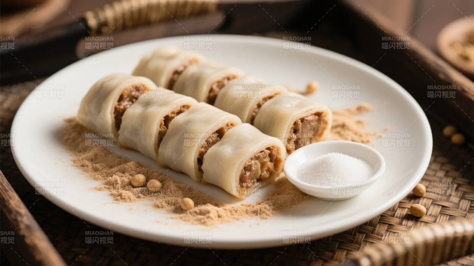 豆沙卷饼配糖粉图片