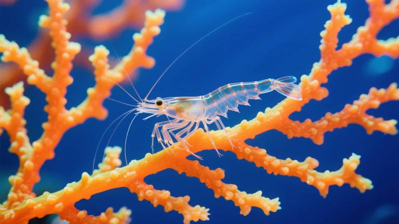 透明虾栖息珊瑚枝图片