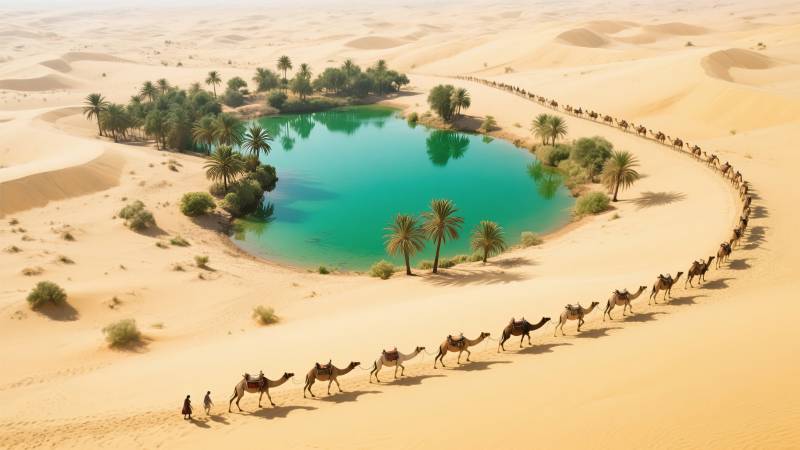 沙漠绿洲驼队行图片