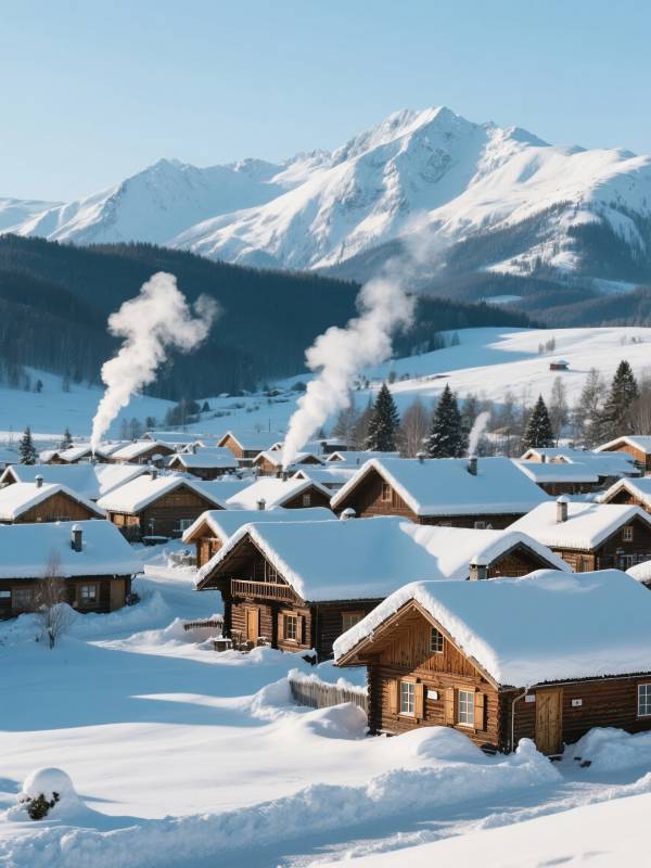 雪村炊烟映雪山图片