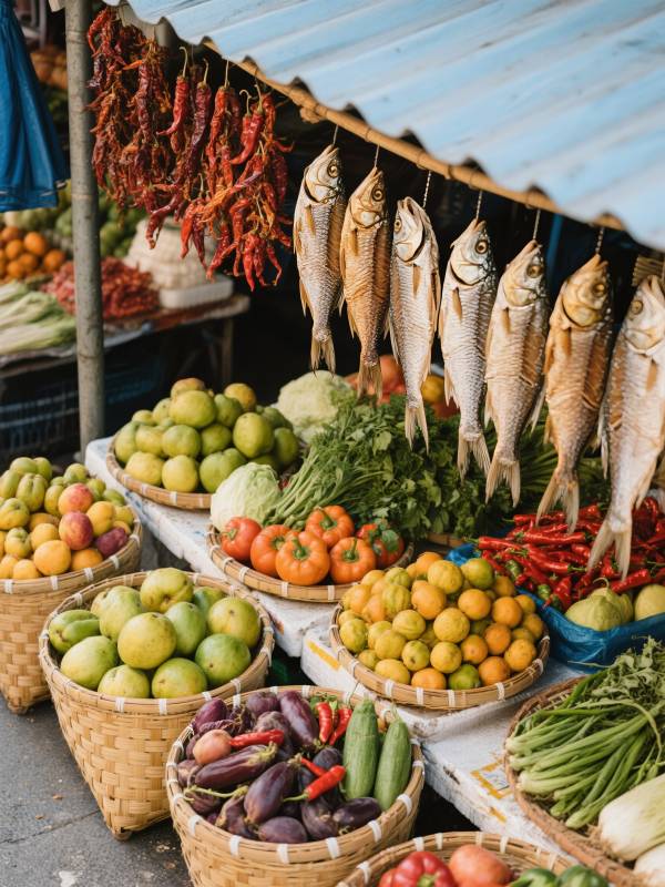 市场鲜蔬鱼干摊图片