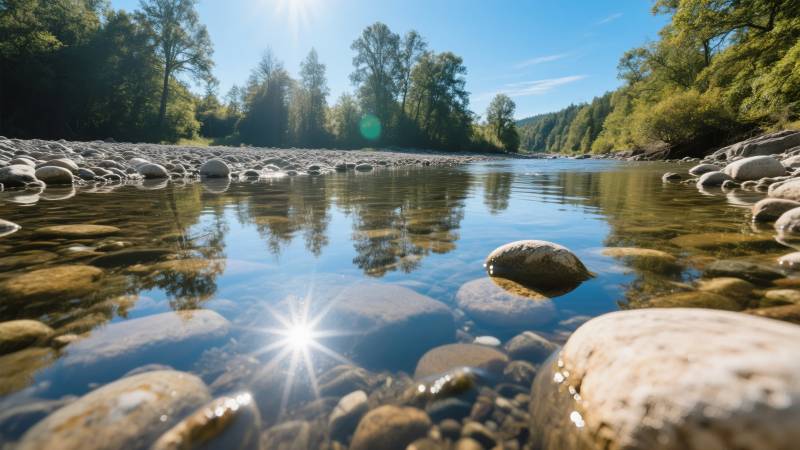 溪流石影映日光图片