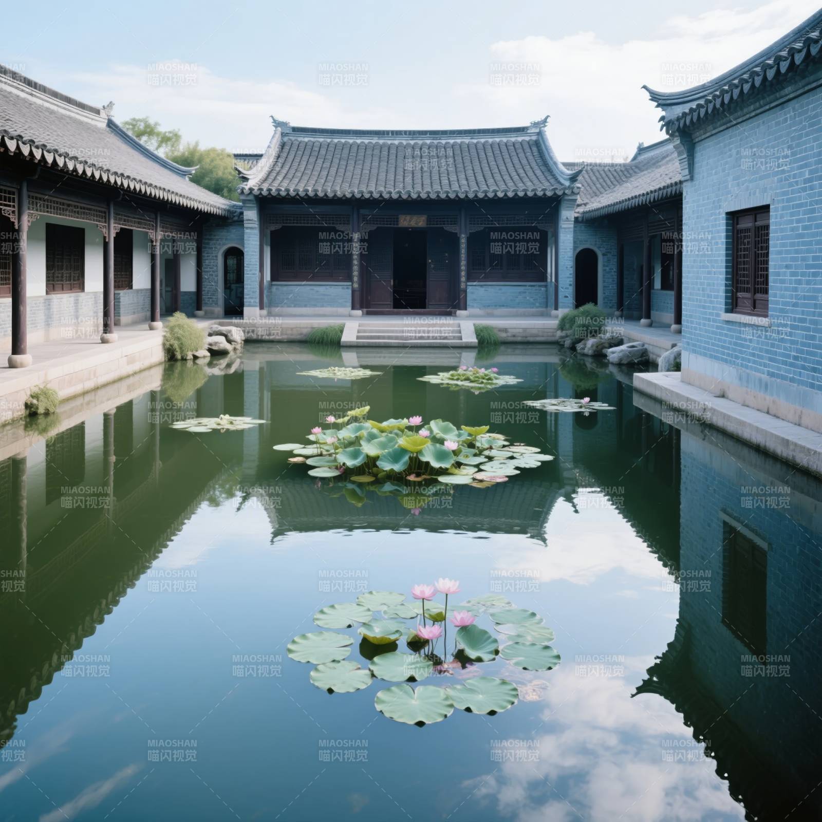 庭院荷塘映古屋图片