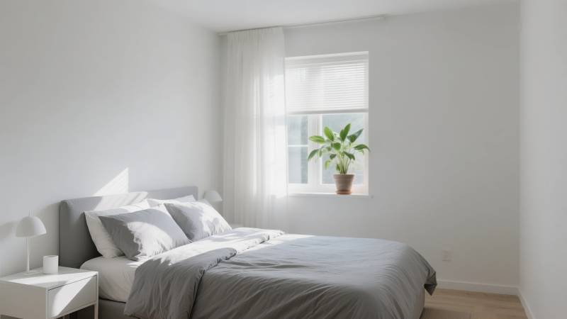 简约卧室 窗边绿植图片