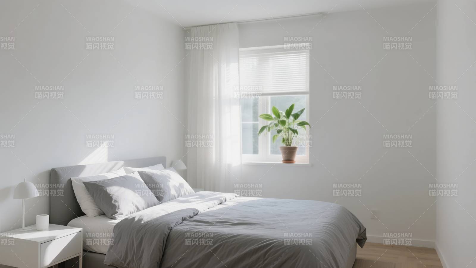 简约卧室 窗边绿植图片