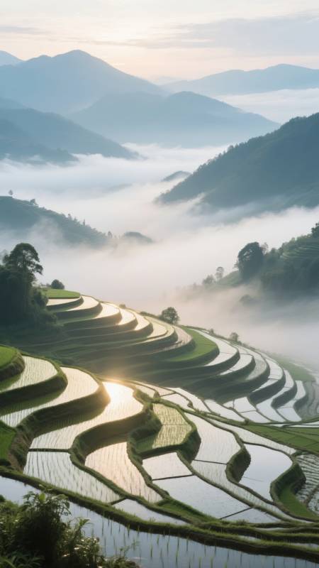 梯田晨雾图片